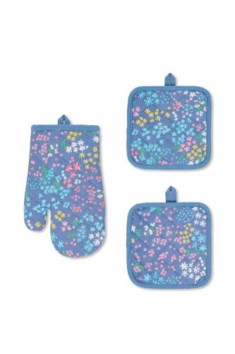 Coincasa σετ βαμβακερό γάντι και πιάστρες κουζίνας με micro flower print 18 x 18 cm (3 τεμάχια) - 007394438 Μπλε